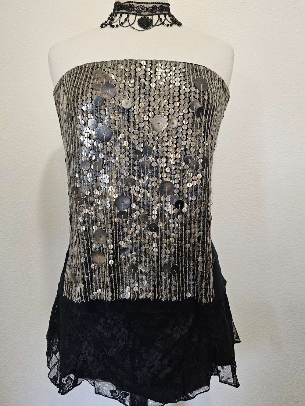 Y2K Silver Sequin Strapless Vintage Top